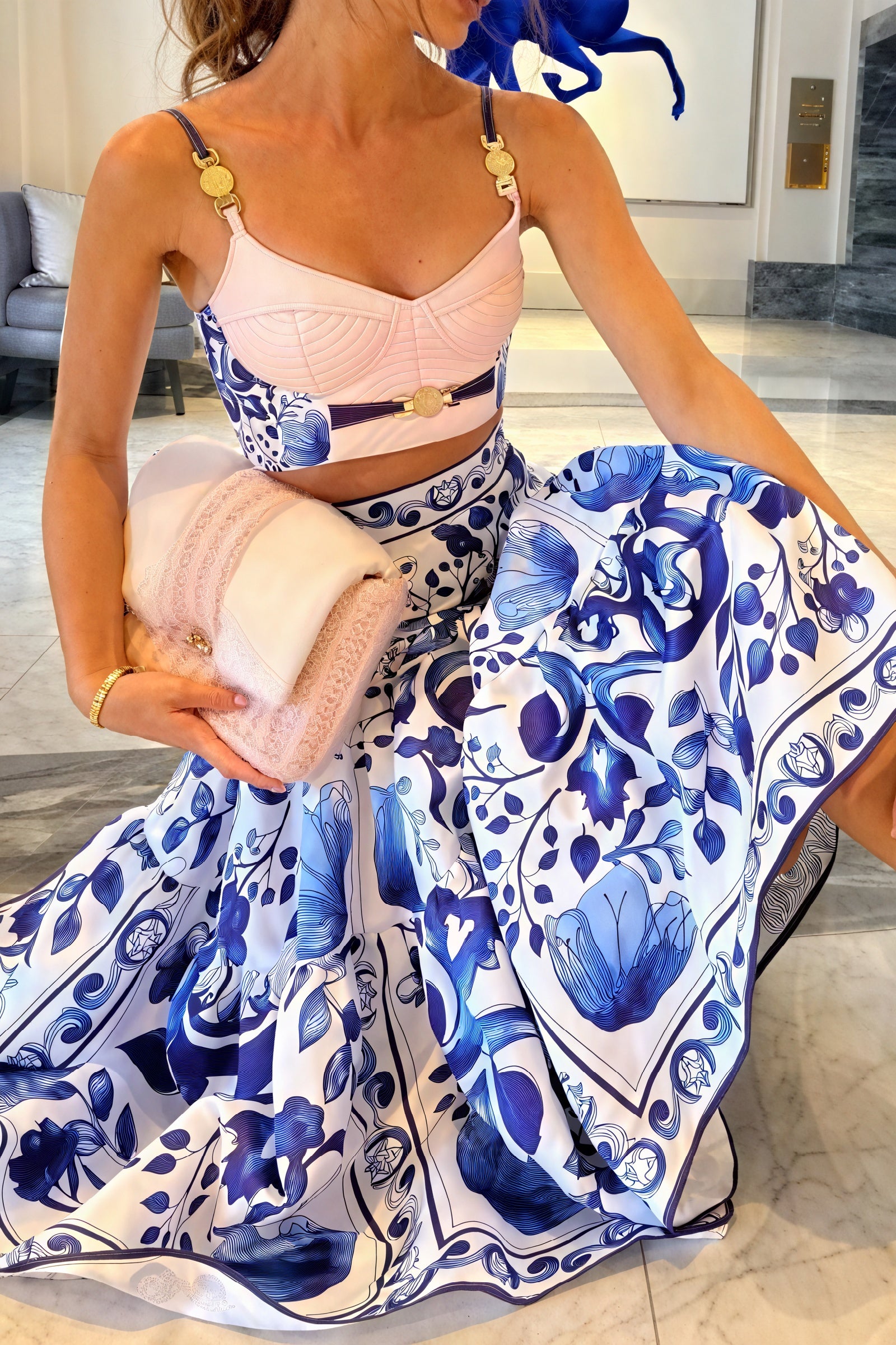 Blomstret Bustier Top & Midi-Nederdel Sæt