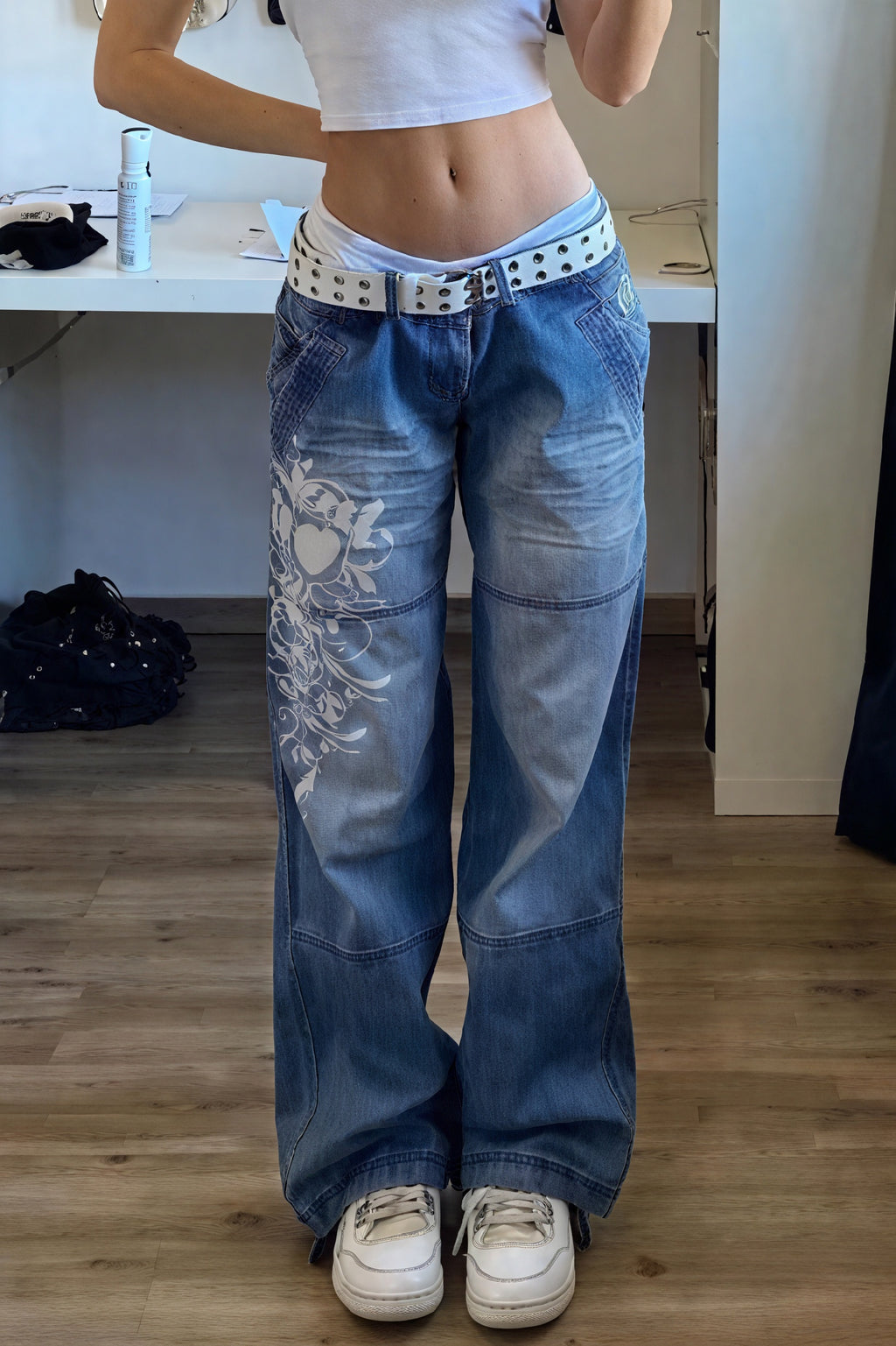Baggy Jeans med Blomster og Høj Talje