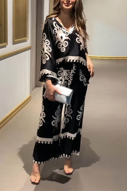 Blomstret Loungewear Sæt med Brede Ben