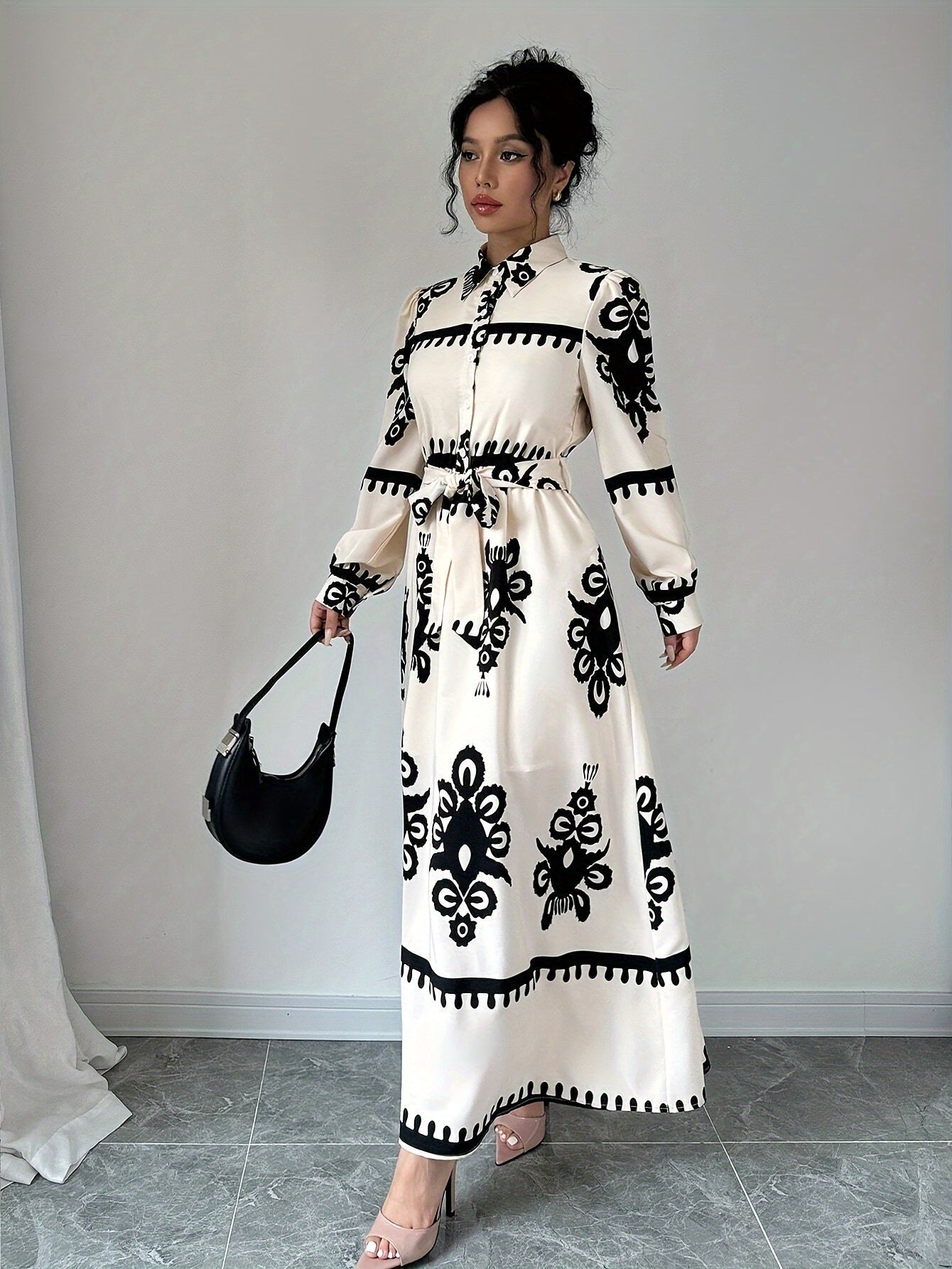 Dame Langærmet Kjole – Trykt Design, Bindebånd, Elegant Stil-83357-7cbada7f-a7d2-4cc3-a86b-e58a6c5207c6