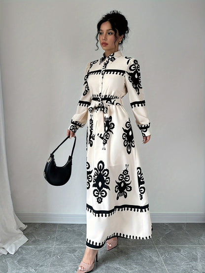 Dame Langærmet Kjole – Trykt Design, Bindebånd, Elegant Stil-83357-7cbada7f-a7d2-4cc3-a86b-e58a6c5207c6