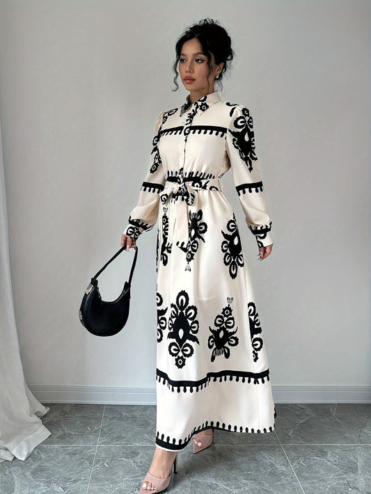 Dame Langærmet Kjole – Trykt Design, Bindebånd, Elegant Stil-83357-7cbada7f-a7d2-4cc3-a86b-e58a6c5207c6