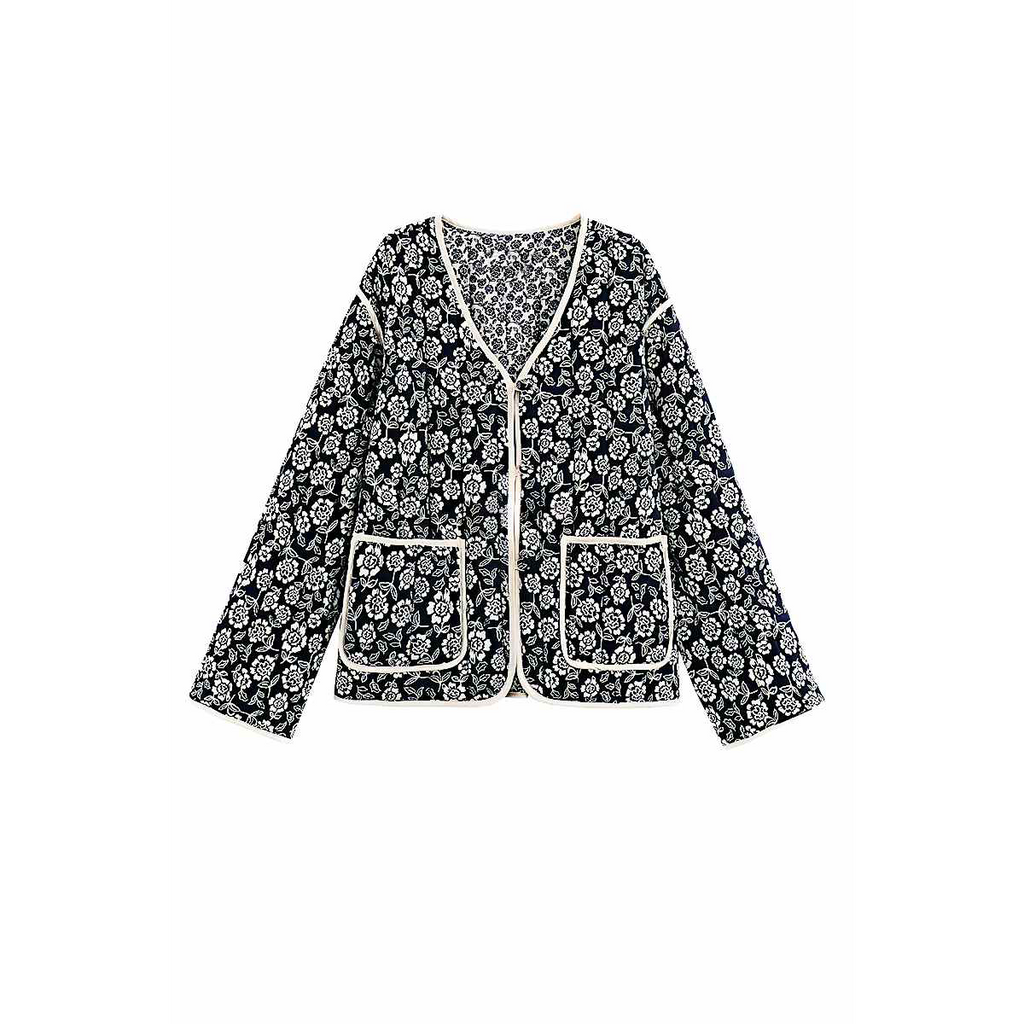 Blomstret Navy Jakke med V-udskæring