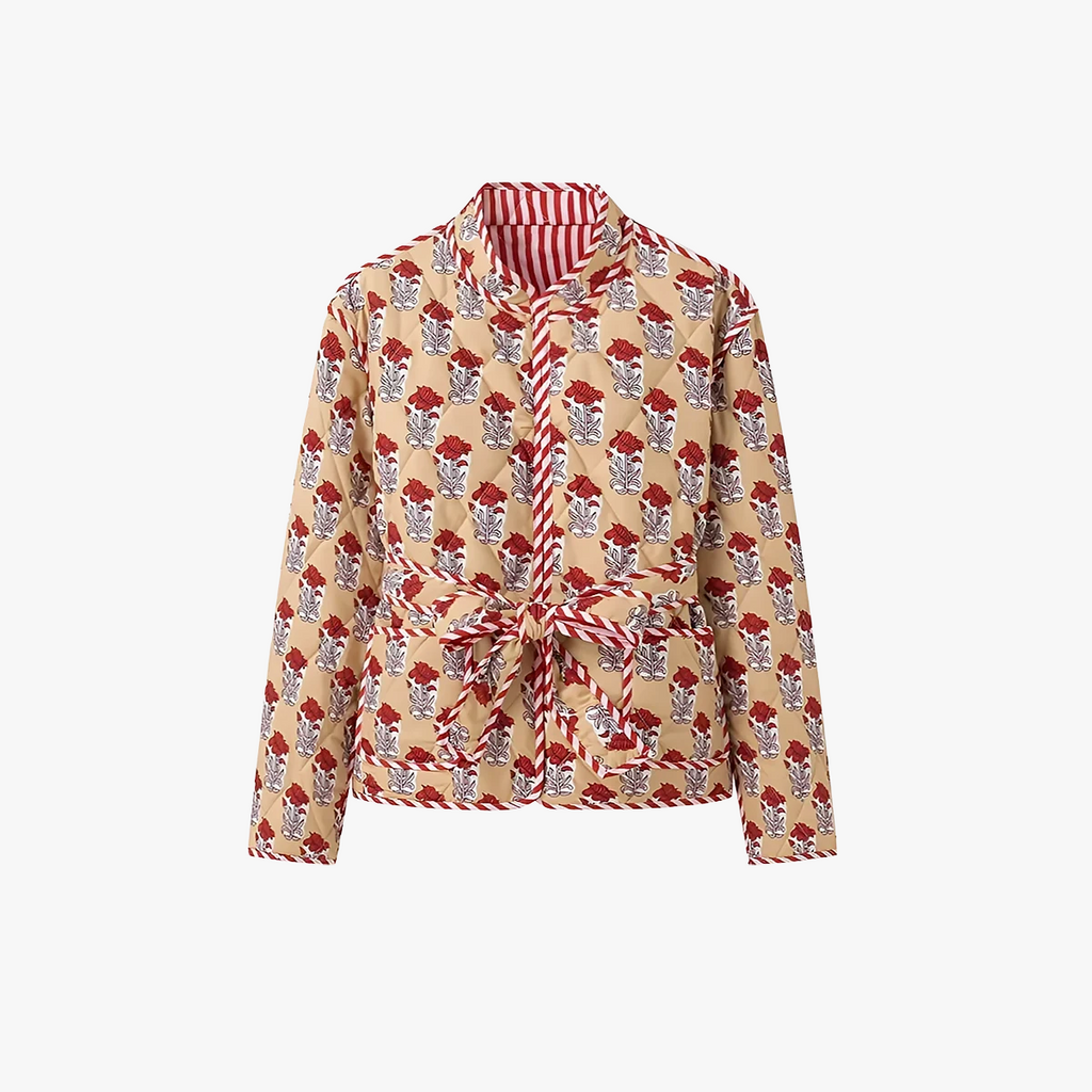 Blomstret Quiltet Jakke med Bælte og Striber