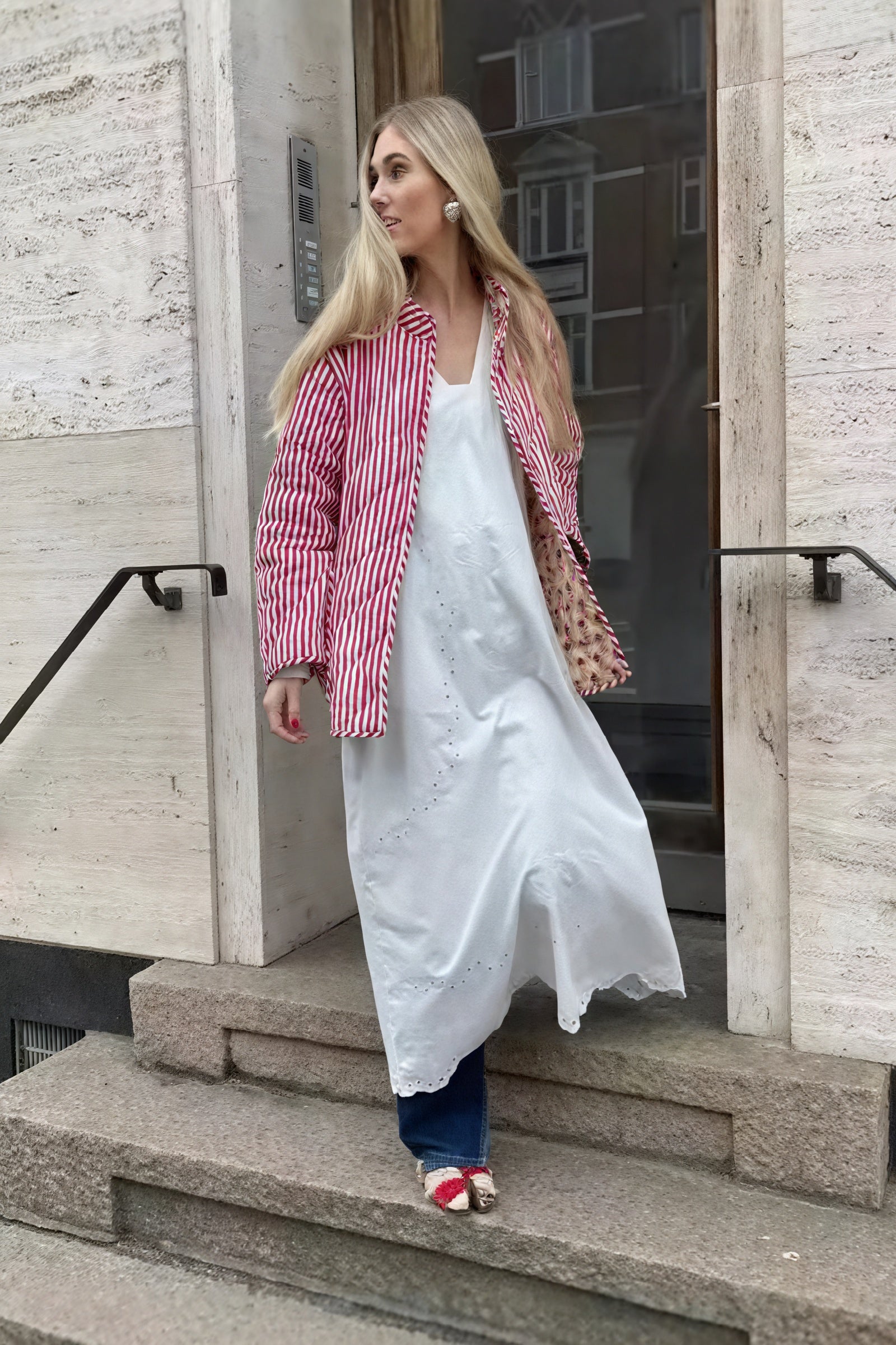 Blomstret Quiltet Jakke med Bælte og Striber