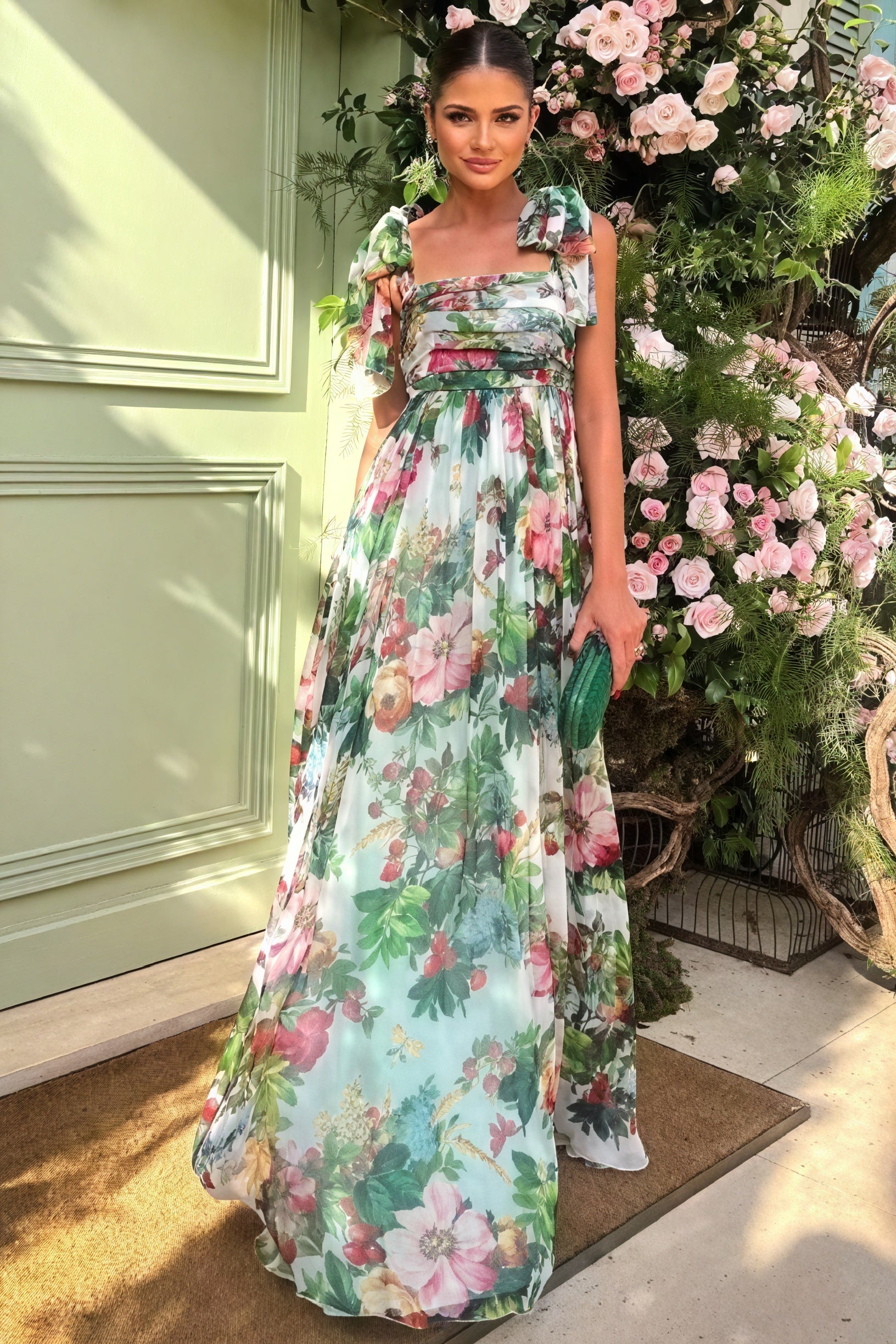 Blomstret Maxikjole med Firkantet Hals og Sløjfer