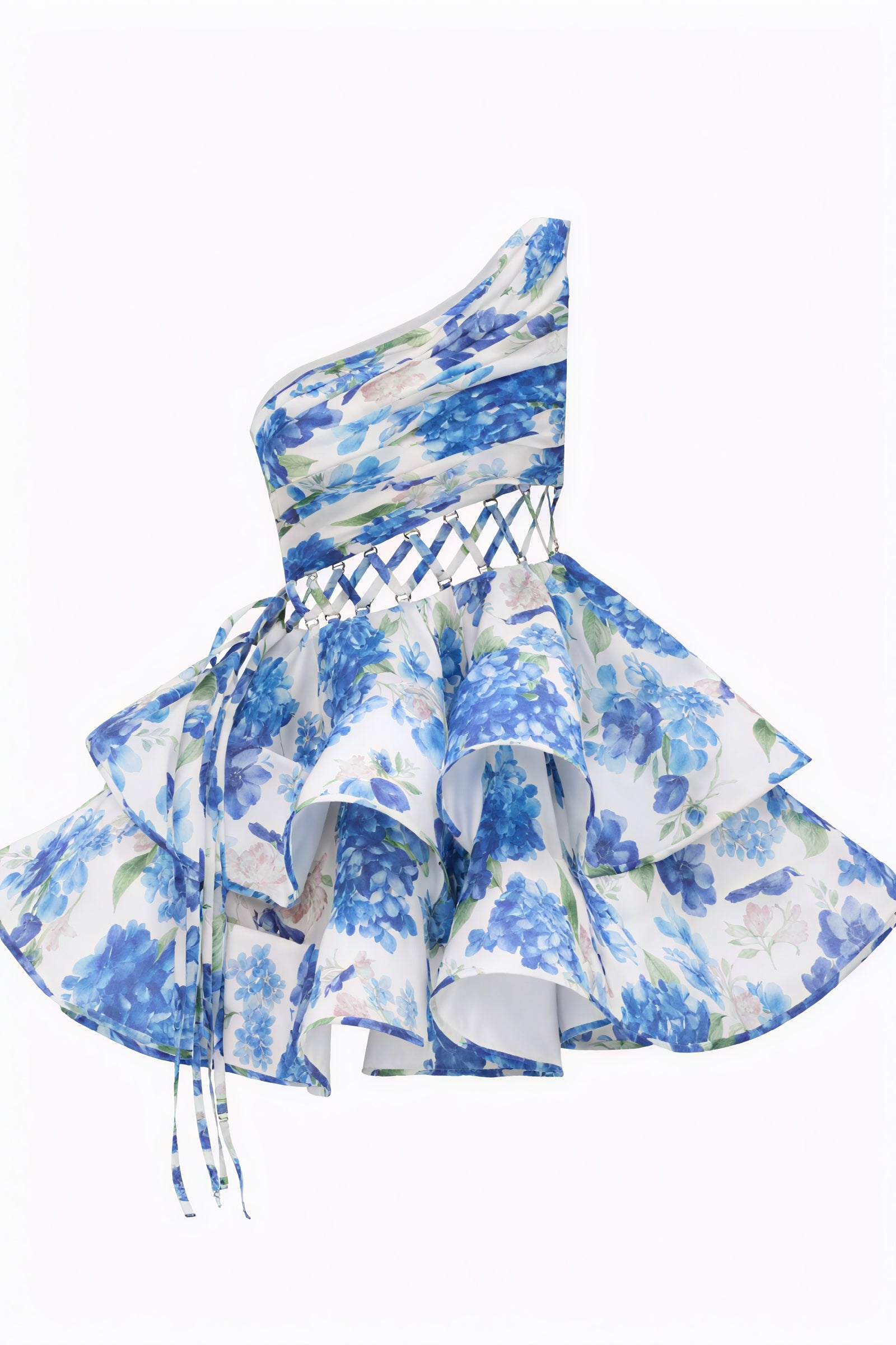 Blomstret One-Shoulder Minikjole med Flæser