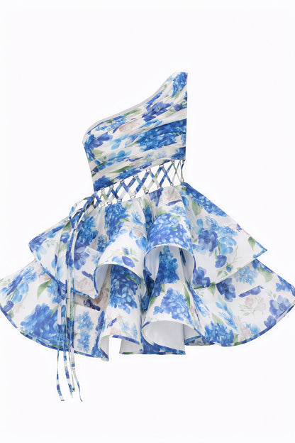 Blomstret One-Shoulder Minikjole med Flæser