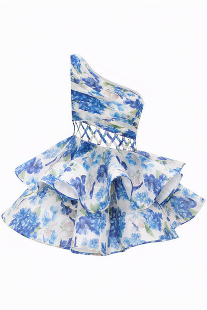 Blomstret One-Shoulder Minikjole med Flæser