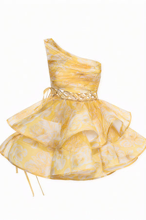 Blomstret One-Shoulder Minikjole med Flæser