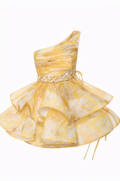 Blomstret One-Shoulder Minikjole med Flæser