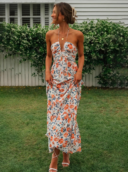 Blomstret Maxi Kjole med Halterneck