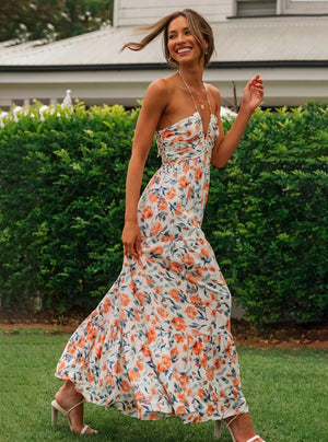 Blomstret Maxi Kjole med Halterneck
