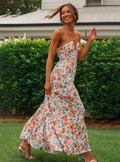 Blomstret Maxi Kjole med Halterneck