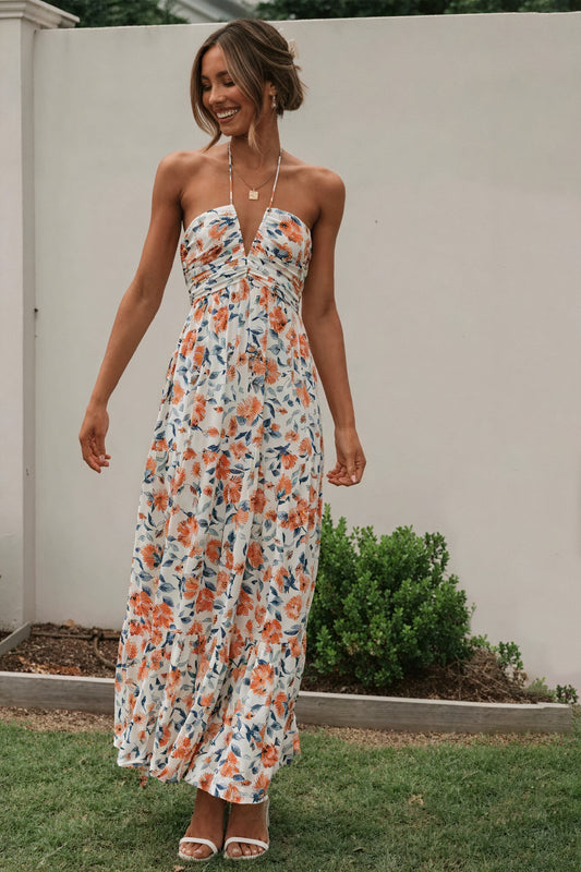 Blomstret Maxi Kjole med Halterneck
