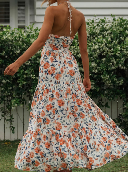 Blomstret Maxi Kjole med Halterneck