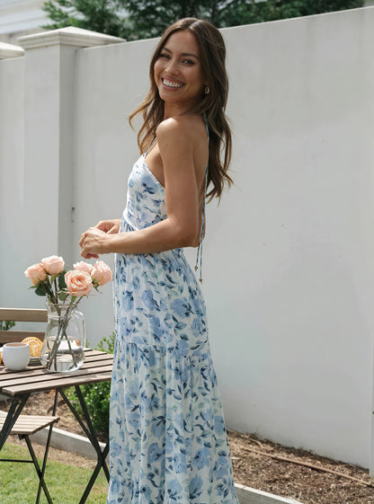 Blomstret Maxi Kjole med Halterneck