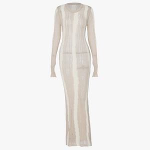 Ribstrikket Kjole med Perforeringer - Creme
