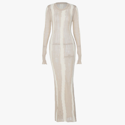 Ribstrikket Kjole med Perforeringer - Creme