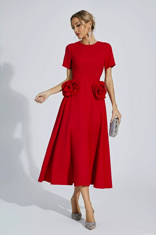 Figursyet Midi Kjole med Rosen Detaljer