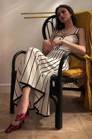 Stribet Midi Kjole med Knapper