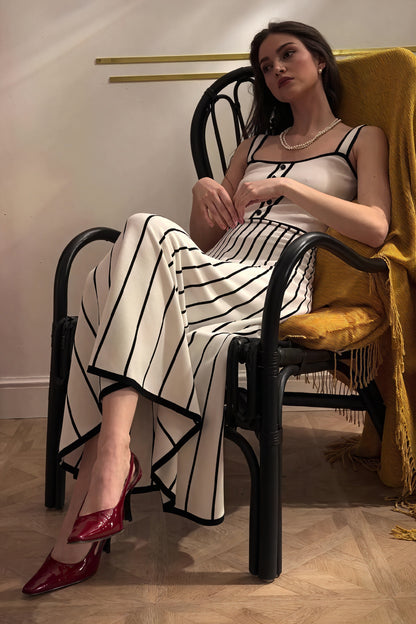 Stribet A-linje Midi Kjole m. Knapper