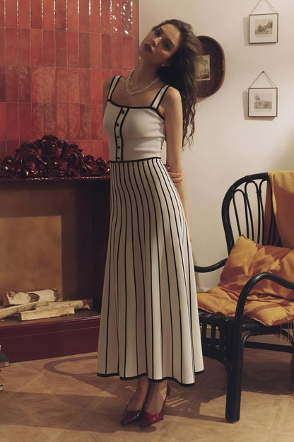 Stribet A-linje Midi Kjole m. Knapper