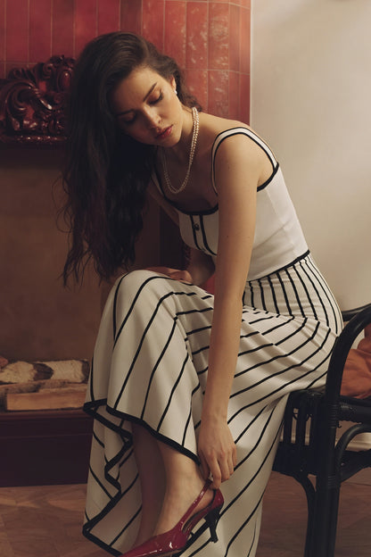 Stribet A-linje Midi Kjole m. Knapper