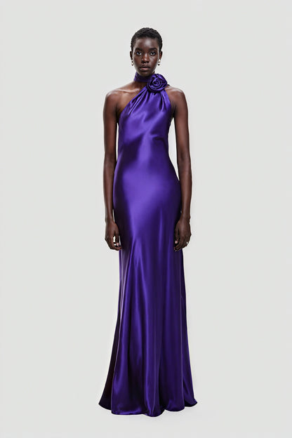 One-shoulder Aftenkjole med Stofrose - Lilla