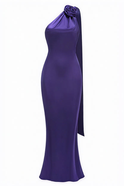 One-shoulder Aftenkjole med Stofrose - Lilla