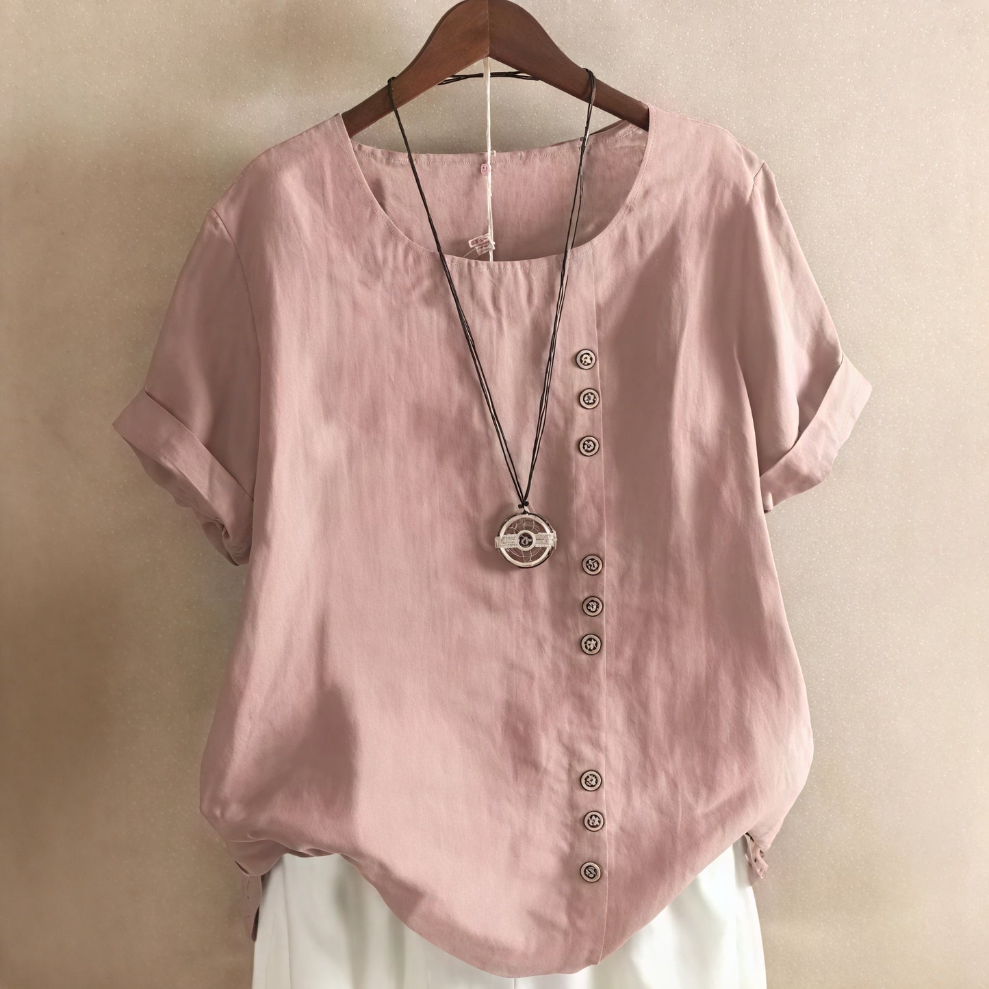 Norideen Dame Kjole – Korte Ærmer, Rund Hals, Asymmetrisk Knappegang, S-XL-81165-73c07eb9-5438-45c0-bfce-40d5998271dc