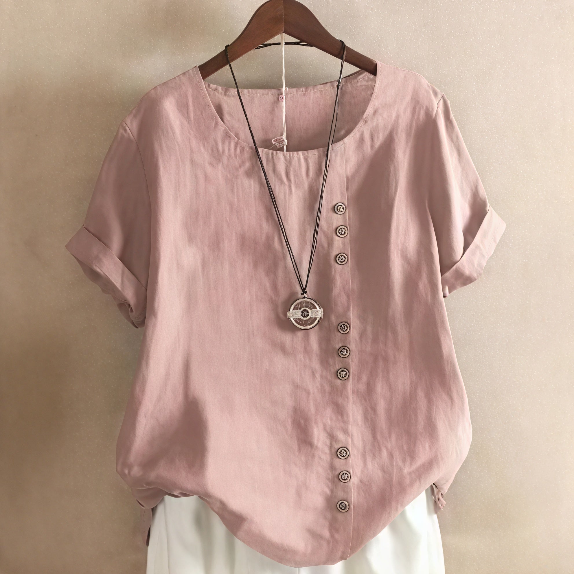 Norideen Dame Kjole – Korte Ærmer, Rund Hals, Asymmetrisk Knappegang, S-XL-81165-73c07eb9-5438-45c0-bfce-40d5998271dc