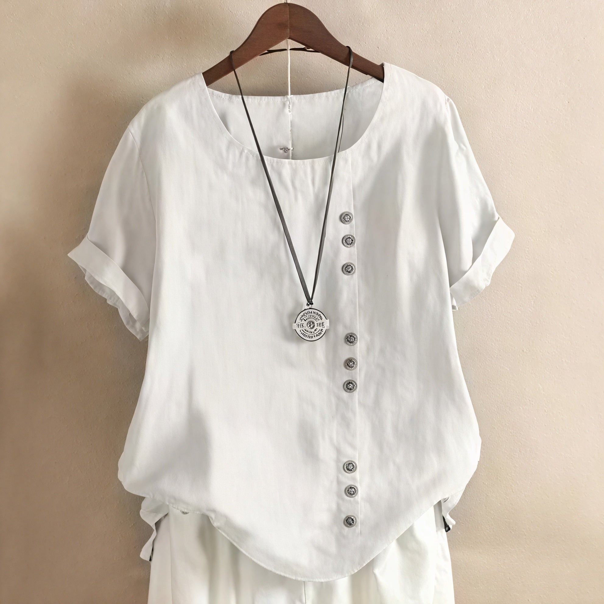 Norideen Dame Kjole – Korte Ærmer, Rund Hals, Asymmetrisk Knappegang, S-XL-81165-46ccf732-b7b5-4ee1-b452-2ff27b44f68d