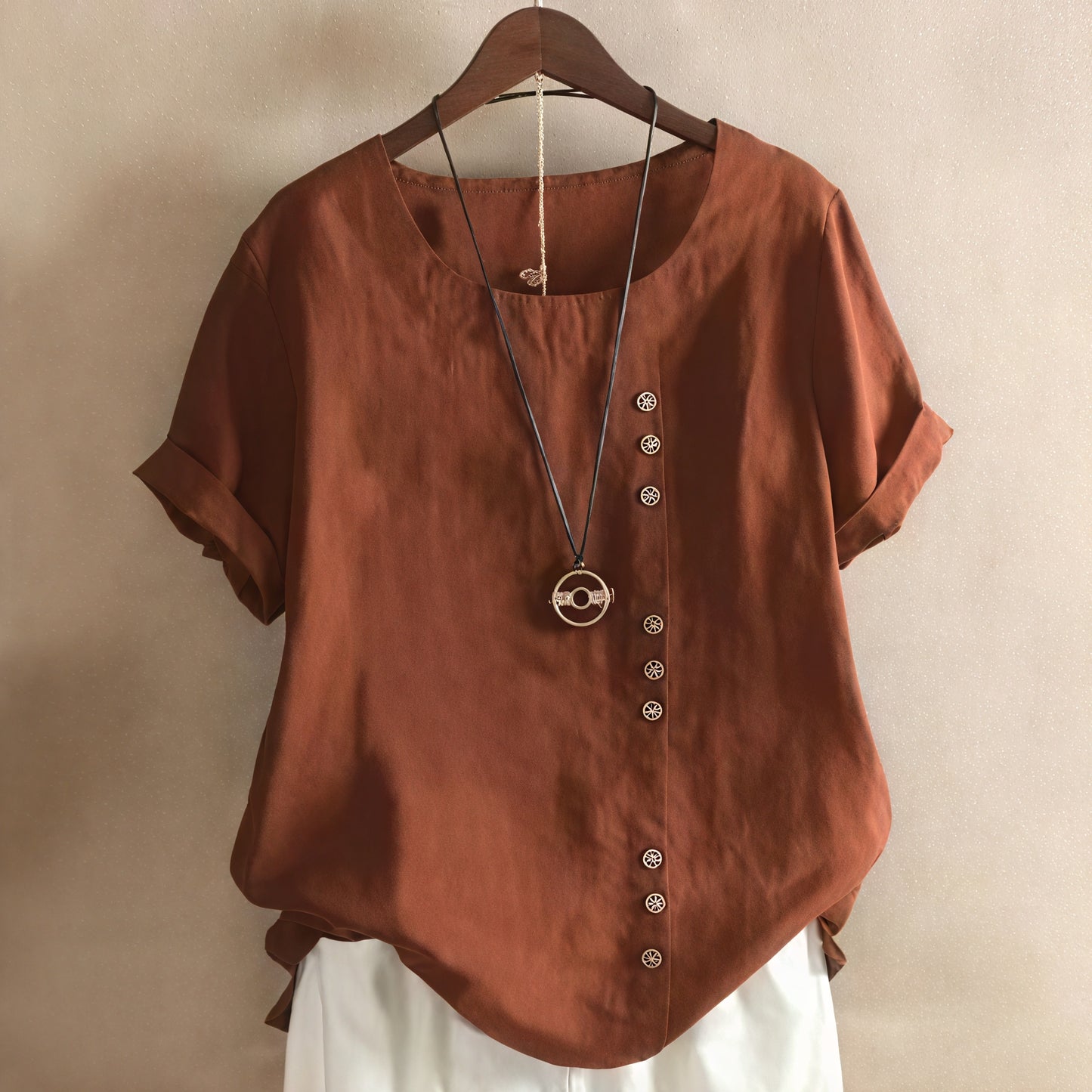 Norideen Dame Kjole – Korte Ærmer, Rund Hals, Asymmetrisk Knappegang, S-XL-81165-8c6aab03-9c6a-4439-ae4b-93736ec0b35f
