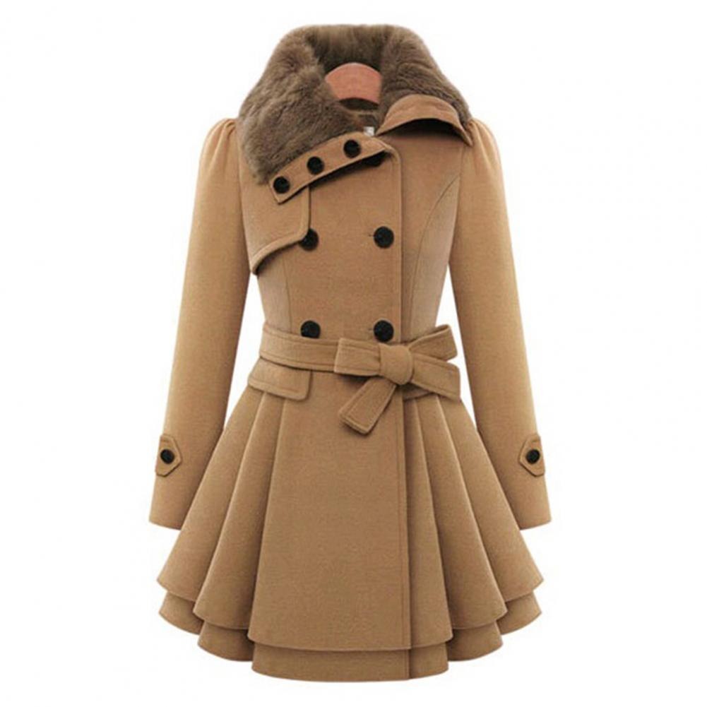 Kvinder Frakke – Dobbeltradet, Faux Fur Krave, Flared Skirt, Med Bælte-82347-8125bc57-4c5a-4a65-b757-3656322f0604