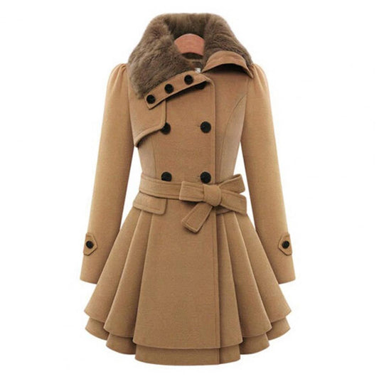 Kvinder Frakke – Dobbeltradet, Faux Fur Krave, Flared Skirt, Med Bælte-82347-8125bc57-4c5a-4a65-b757-3656322f0604