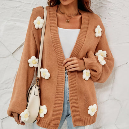 Cardigan med Blomsterdetaljer og Åben Front