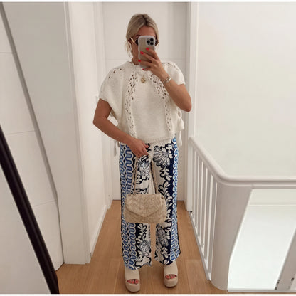 Strikket Top med Åbent Mønster og Bådudskæring