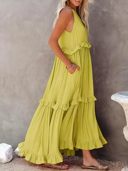Maxikjole med Halterneck, Flæsedetaljer, Let Fald – Perfekt til Sommer og Afslappet Elegance-81649-e2bce076-e5bd-48e2-a543-e329b8f82dcd