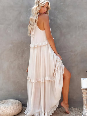 Maxikjole med Halterneck, Flæsedetaljer, Let Fald – Perfekt til Sommer og Afslappet Elegance-81649-7c2082db-b5b9-4f9c-8e84-e0d567c62d43