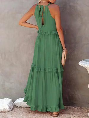 Maxikjole med Halterneck, Flæsedetaljer, Let Fald – Perfekt til Sommer og Afslappet Elegance-81649-36579b3a-24f6-49ff-be44-95d5a62b1228