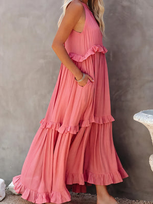 Maxikjole med Halterneck, Flæsedetaljer, Let Fald – Perfekt til Sommer og Afslappet Elegance-81649-7cf9329f-c32d-4996-b580-d34bebd31432
