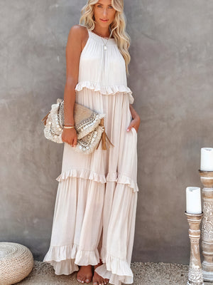 Maxikjole med Halterneck, Flæsedetaljer, Let Fald – Perfekt til Sommer og Afslappet Elegance-81649-93b7cfae-a9b6-4602-ac0c-c7aa3d958d32