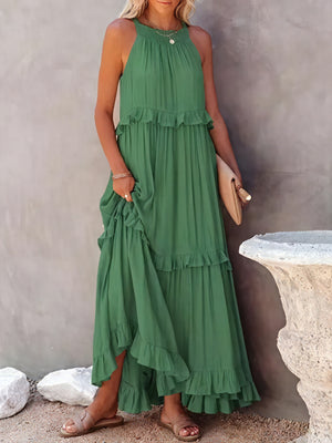 Maxikjole med Halterneck, Flæsedetaljer, Let Fald – Perfekt til Sommer og Afslappet Elegance-81649-46db419d-4ec6-423a-afb5-bad208a3c7b7