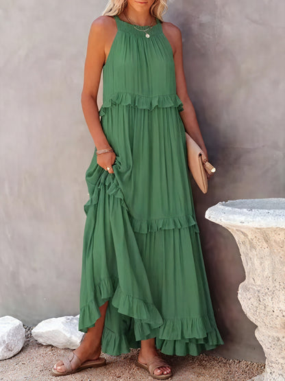Maxikjole med Halterneck, Flæsedetaljer, Let Fald – Perfekt til Sommer og Afslappet Elegance-81649-46db419d-4ec6-423a-afb5-bad208a3c7b7