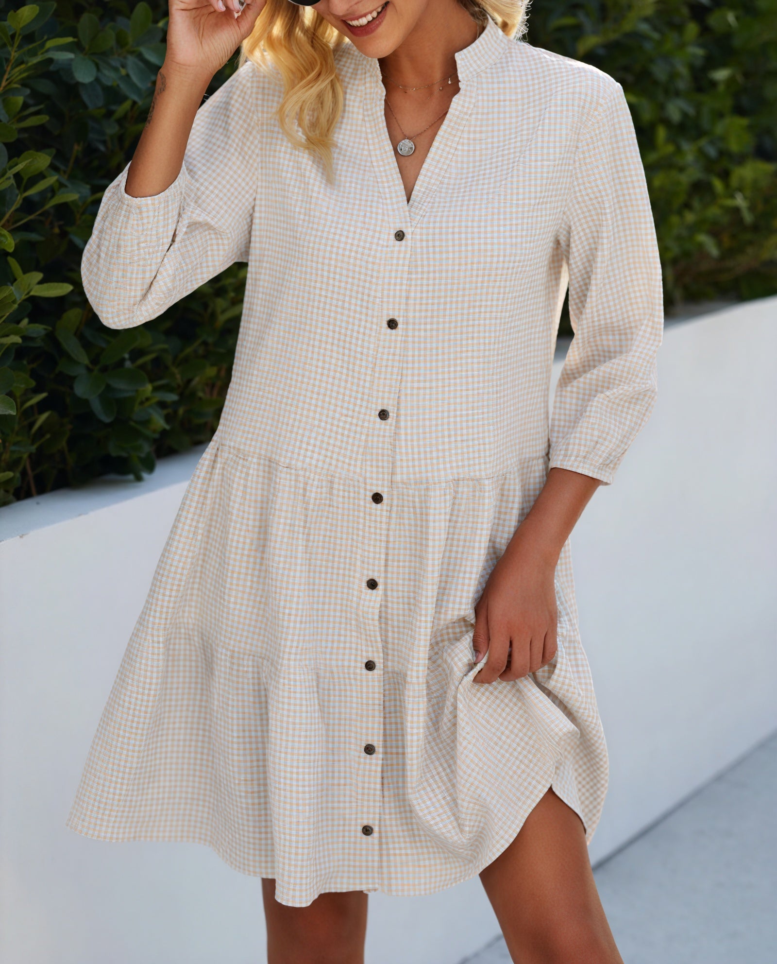 Gingham Kjole med Knaplukning, Trekvart Ærmer og Flæseskørt - Alsidig Stil til Kvinder-81722-661f4233-016d-4188-b976-0fc095d3d97b