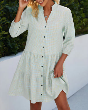 Gingham Kjole med Knaplukning, Trekvart Ærmer og Flæseskørt - Alsidig Stil til Kvinder-81722-89f4bcd1-ddff-4503-b1e0-d1ec3b961276