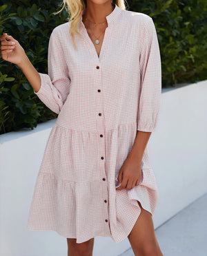 Gingham Kjole med Knaplukning, Trekvart Ærmer og Flæseskørt - Alsidig Stil til Kvinder-81722-746ff4dd-290d-49b7-88c0-526f9b546f02