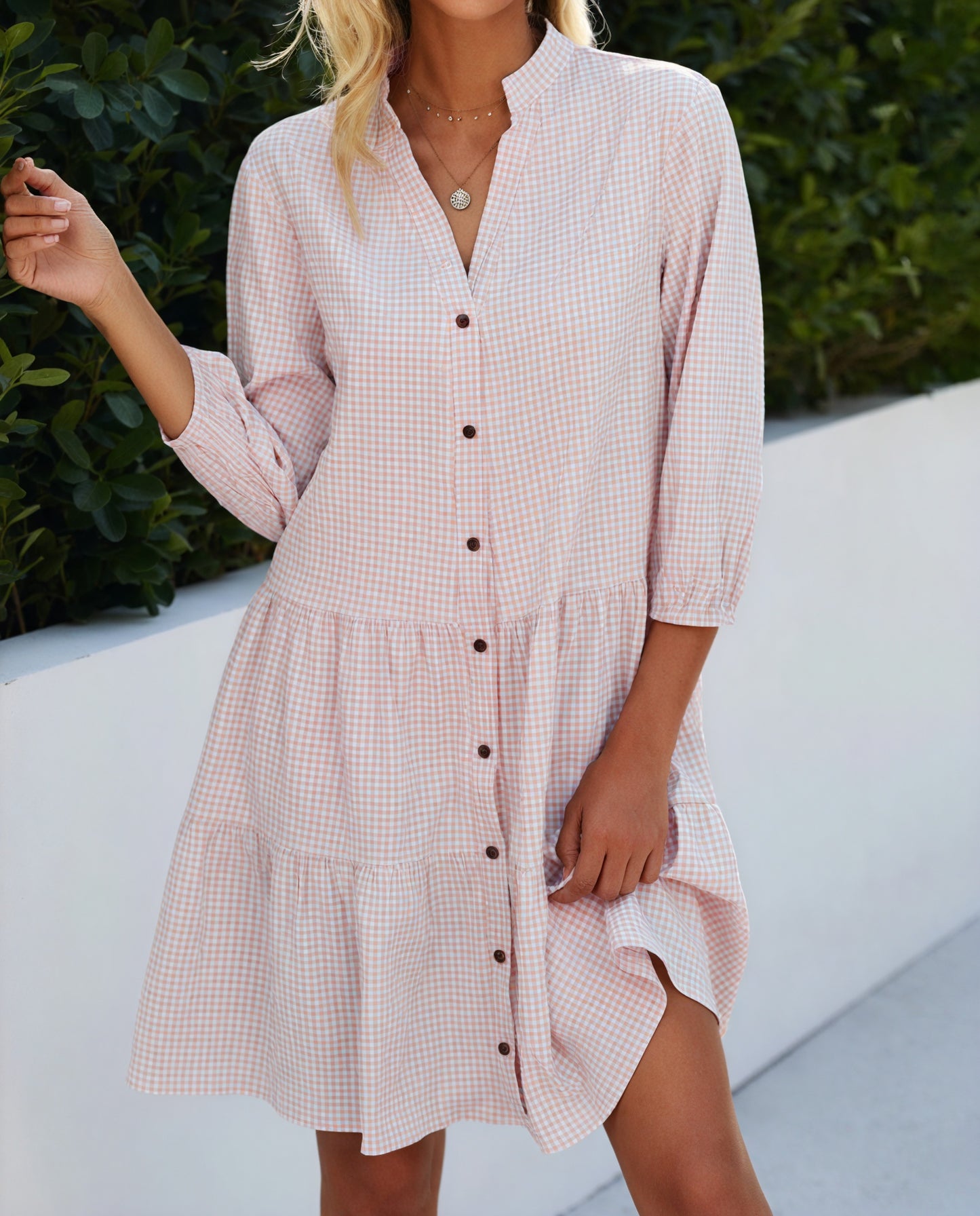 Gingham Kjole med Knaplukning, Trekvart Ærmer og Flæseskørt - Alsidig Stil til Kvinder-81722-746ff4dd-290d-49b7-88c0-526f9b546f02