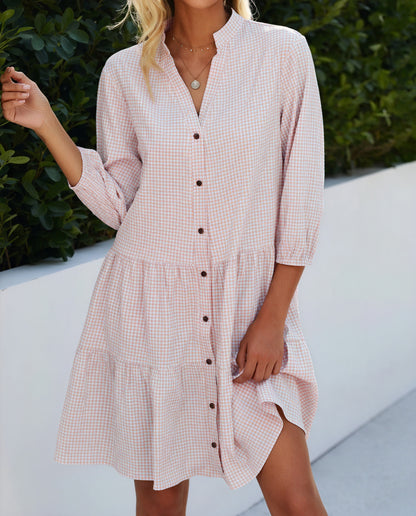 Gingham Kjole med Knaplukning, Trekvart Ærmer og Flæseskørt - Alsidig Stil til Kvinder-81722-746ff4dd-290d-49b7-88c0-526f9b546f02